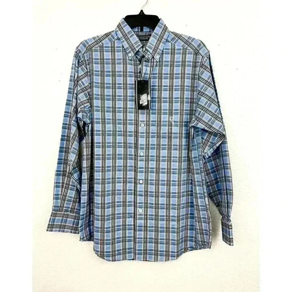 Blue Plaid Button Down Shirt Long Sleeve Men's SMALL Roundtree & Yorke NEW - Picture 1 of 6